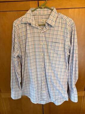Peter Millar Men's Size Medium Blue and Pink Plaid Long Sleeve Button Down Shirt